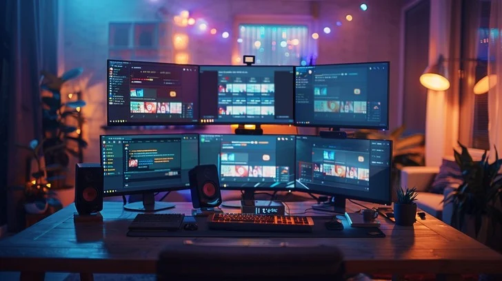 Digital media workstation with multiple screens showing video editing software